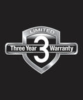 Silver shield emblem with "Limited Three Year Warranty" text on a black background.