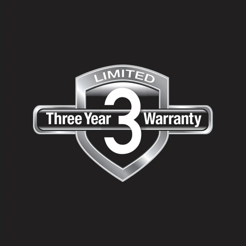 Silver shield emblem with "Limited Three Year Warranty" text on a black background.
