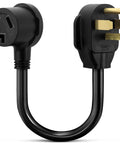 Plug And Play No Fuss Eighteen Inch Dryer Cord Adapter From Four Prong To Three Prong And From Three Prong To Four Prong NEMA 14 30P Male To 10 30R Female 30A 250V STW 10AWG Heavy Duty Dryer Cord Adapter For 240V Electric Dryers, showing black heavy-duty adapter with three-prong male and four-prong female connectors.