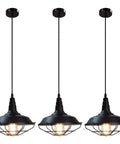 Black Pendant Light Set 3 Pack, Industrial Farmhouse Pendant Lighting with cage design, ideal for kitchen island, dining room, barn decor.