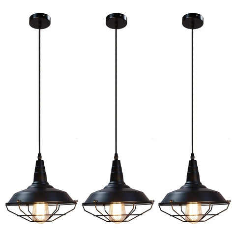 Black Pendant Light Set 3 Pack, Industrial Farmhouse Pendant Lighting with cage design, ideal for kitchen island, dining room, barn decor.