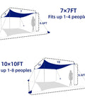 Illustration of Family Friendly Beach Tent Canopy Sun Shade 10x10 Ft Portable Wind Resistant Shelter sizes with shadow