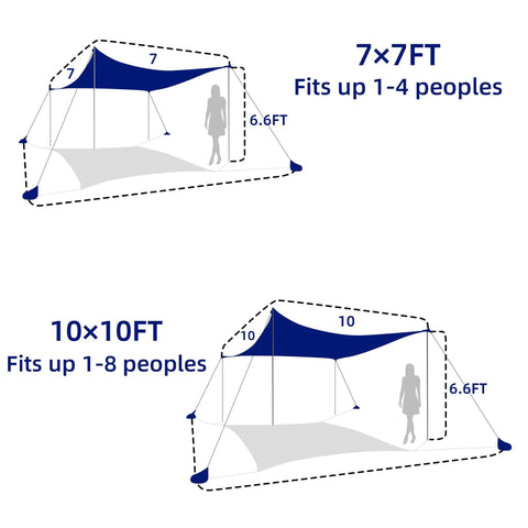 Illustration of Family Friendly Beach Tent Canopy Sun Shade 10x10 Ft Portable Wind Resistant Shelter sizes with shadow