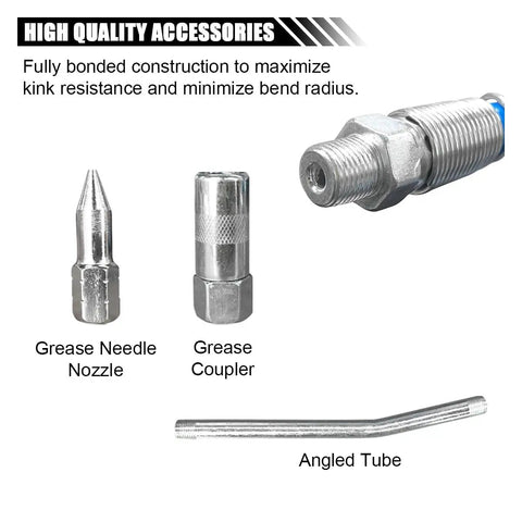 Spring Guard Flex Grease Gun Hose One Eighth Inch NPT Thread Extension Thirty Nine Inch Long Non Slip With Six Inch Angled Tube Grease Couplers And Sharp Type Nozzle Heavy Duty 10000 PSI High Pressure Grease Gun Accessories Kit Two Pack components, including angled tube and couplers