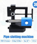 Heavy Duty Industrial Pipe Puncher With Tough As Nails Quarter Inch Steel Frame And Two Axis Adjustable Clamps For No Fuss Workbench Or Vise Mount Cuts Metal Wood Plastic Like Butter close up of pipe slotting machine with adjustable clamp