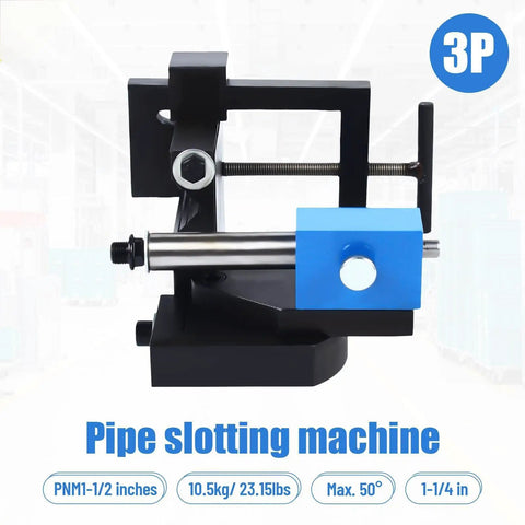 Heavy Duty Industrial Pipe Puncher With Tough As Nails Quarter Inch Steel Frame And Two Axis Adjustable Clamps For No Fuss Workbench Or Vise Mount Cuts Metal Wood Plastic Like Butter close up of pipe slotting machine with adjustable clamp