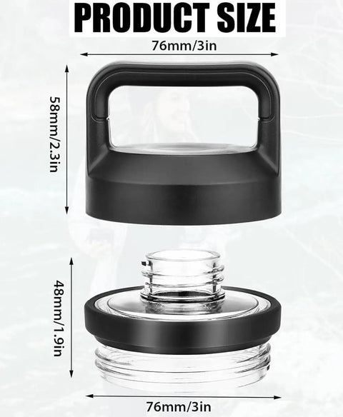 Chug Cap Replacement Screw Top Lid For Rambler Bottle 18oz 26oz 36oz 64oz Built Tough Durable BPA Free Cap Cover Water Bottle Part Accessory Leak Proof Design with dimensions.