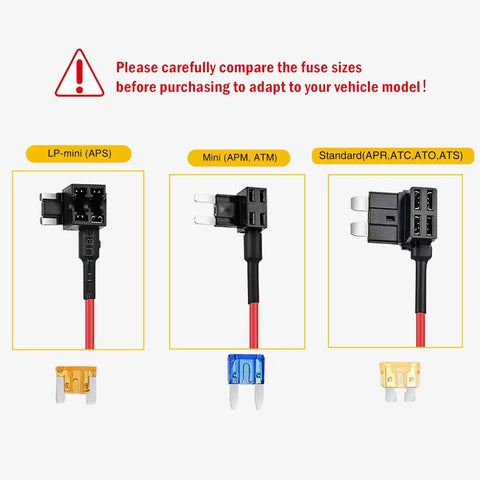 Comparison of fuse sizes with 12V Blade Fuse Tap Adapter for Car Cigarette Lighter Socket With 3.3ft Cable and Fuse Holder 18AWG Wire Converts One Fuse Slot Into Two Standard ATC ATO APR ATS Perfect For Power Hungry Gadgets.