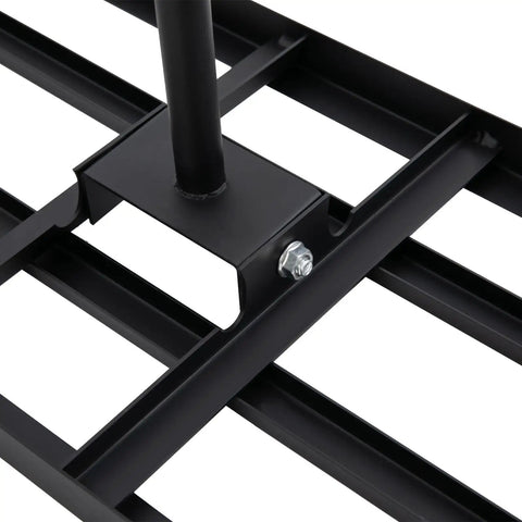 Close-up of Long-Handled Lawn Leveling Rake With Adjustable 0-180 Degree Angles, showcasing stainless steel base plate and bolt detail.