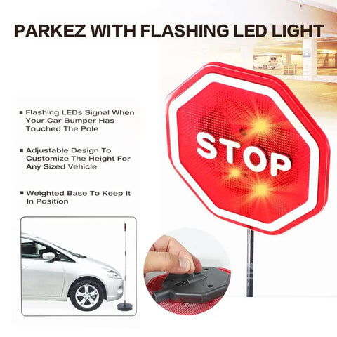Park Like A Boss Smart LED Reversible Garage Stop Sign With Heavy Duty Base And Flashing Warning Signal in parking area.