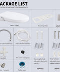 Package contents of Dual Nozzle Manual Bidet Seat For Round Toilets, Non Electric, Self Cleaning Nozzles, includes all fittings.