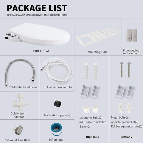 Package contents of Dual Nozzle Manual Bidet Seat For Round Toilets, Non Electric, Self Cleaning Nozzles, includes all fittings.