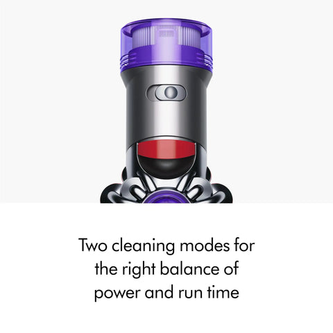 Close-up of the V8 Plus Cordless Vacuum Cleaner for Hard Floors and Carpets, Detangles Hair and Pet Hair, Dual Power Modes feature.