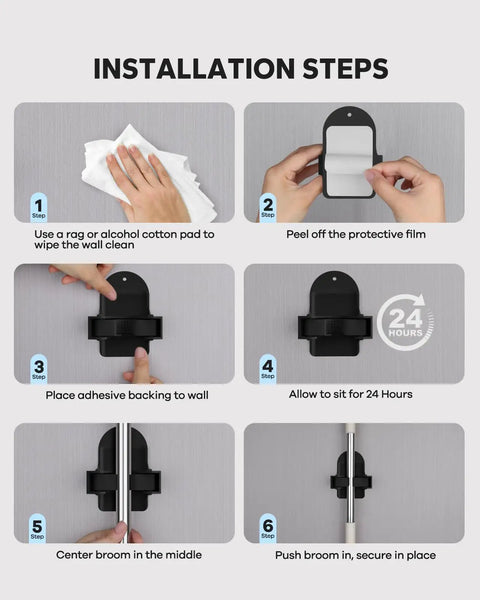 Installation steps for Beefy Heavy Duty Broom Holder Wall Mount Set Of 4 Black Metal Bracket with easy installation guide.