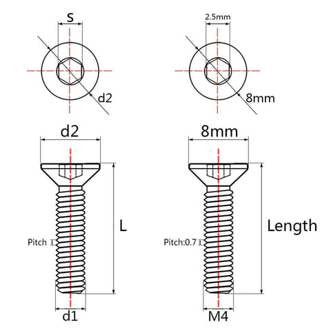 Technical diagram of Titanium M4x15mm Countersunk Flat Head Hex Socket Cap Screws Pack Of 6 Multicolor 6Al4V Titanium Alloy DIN7991 For Bikes