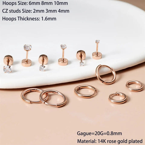 Six Piece Earring Set For Multiple Piercings With Lightweight 14K Gold Plated Tiny Huggie Hoop Earrings And Flat Back CZ Stud Earrings For Cartilage Helix And Lobe Piercings Hypoallergenic And Ear Stack Ready, 6mm-10mm hoops, 2mm-4mm CZ studs