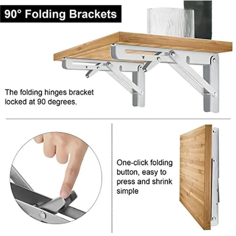 Stainless Steel Folding Shelf Brackets Set Of Four Wall Mounted Heavy Duty Collapsible Table Hinges at 90 degrees with button detail
