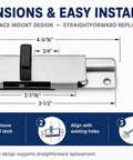 Dimensions of Heavy Duty Stainless Steel Surface Mount Slide Latch With Keeper For ADA Compliant Bathroom Stall Doors.