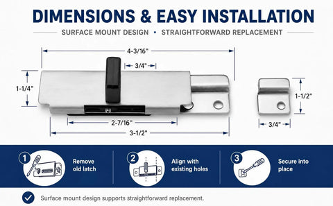 Dimensions of Heavy Duty Stainless Steel Surface Mount Slide Latch With Keeper For ADA Compliant Bathroom Stall Doors.