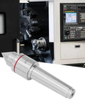 Live center MT4 lathe tool, revolving high-carbon steel with red band on silver body.