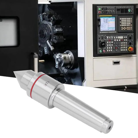 Live center MT4 lathe tool, revolving high-carbon steel with red band on silver body.