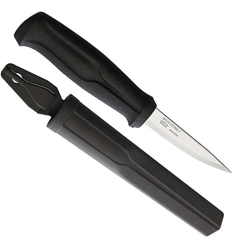 Wood Carving Knife With Sheath, 3 Inch Sandvik Stainless Steel Blade for Whittling and Detail Work, handle and sheath visible.