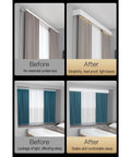 Before and after images displaying Dual Rail Sliding Barn Door Hardware Kit, Wall Mounted Quiet Track for improved curtain functionality.