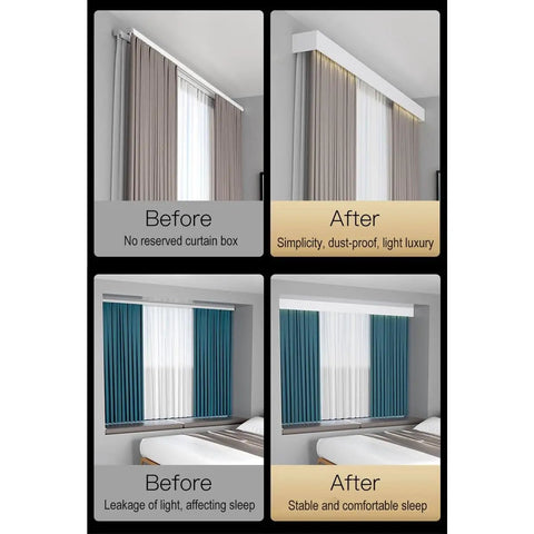 Before and after images displaying Dual Rail Sliding Barn Door Hardware Kit, Wall Mounted Quiet Track for improved curtain functionality.