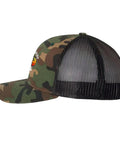 Side view of camo trucker hat with adjustable strap for men and boys, showing breathable mesh back and camouflage pattern.