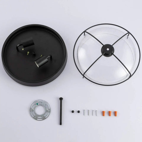 Industrial Black 13 Inch Flush Mount Ceiling Light With Seeded Glass Shade And Metal Cage components laid out