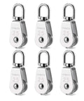 Six Pack M25 Single Pulley Snatch Block For Lifting And Rigging, 304 Stainless Steel Swivel Hook Block With One Quarter Inch Rope To One Inch Sheave, Heavy Duty Pulley Block, Up To Five Hundred Fifty Pound Load. 6 stainless blocks front view