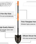 Heavy Duty Workhorse Shovel With 58 Inch Length, Rust Resistant High Carbon Steel Blade, Fiberglass Handle With Riveted Bond