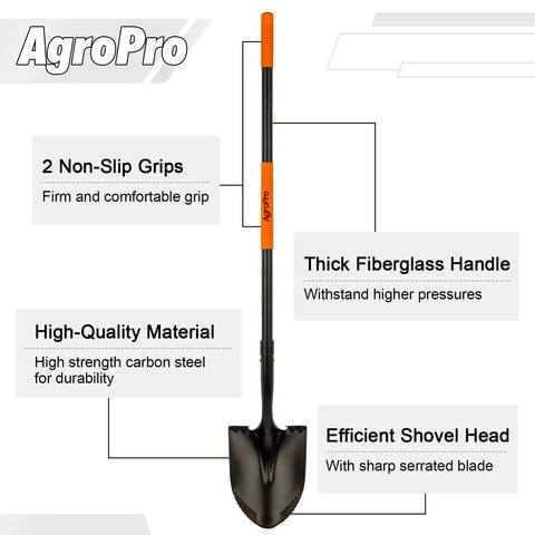 Heavy Duty Workhorse Shovel With 58 Inch Length, Rust Resistant High Carbon Steel Blade, Fiberglass Handle With Riveted Bond