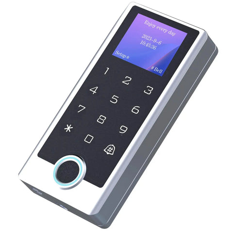 Fingerprint keypad with LCD screen for secure access; part of Lock Down Your Spot With This Solid Door Access Control Kit Featuring Heavy Duty 600 Lb Electromagnetic Lock Ip68 Rated Waterproof Fingerprint Keypad Lcd Screen And Remote.