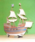 Mayflower Sailboat 1 By 60 Static Plastic Model Kit for display, showing full sails and detailed hull on a green background.