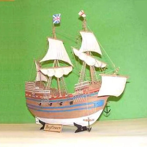 Mayflower Sailboat 1 By 60 Static Plastic Model Kit for display, showing full sails and detailed hull on a green background.