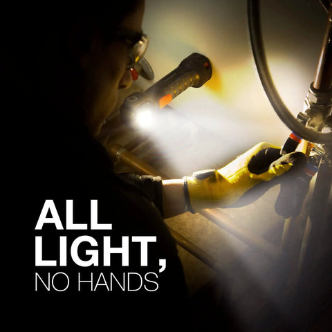 Person using Hardcase Pivot Plus Swivel Head Flashlight With 300 Lumens, 175-Degree Adjustable Beam, hands-free lighting
