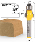 No File Laminate Trimmer Router Bit With Micro Bevel, 1/4 Inch Shank, trims and bevels veneer up to 5/36 inch, wood block example