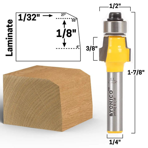 No File Laminate Trimmer Router Bit With Micro Bevel, 1/4 Inch Shank, trims and bevels veneer up to 5/36 inch, wood block example