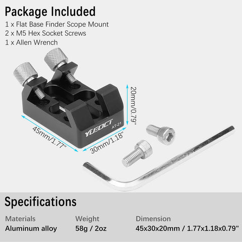 Flat Base Finder Scope Bracket Mount With Dovetail Base For Takahashi Telescopes, shown with M5 screws and Allen wrench