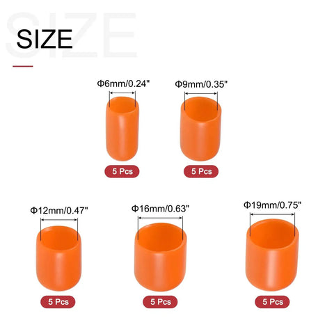 Orange vinyl end caps in sizes 6mm to 19mm from 25 Pack Round Rubber End Caps Orange Vinyl Covers For 1/4in 3/8in 1/2in 5/8in And 3/4in Inner Diameter Thread Protectors - Flexible Vinyl Rubber Shield Kit For Furniture And Electrical Projects
