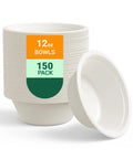 Heavy Duty 12 Oz Disposable Paper Bowls, 150 Pack, Biodegradable Compostable Sugarcane Bagasse, stack and single bowl display