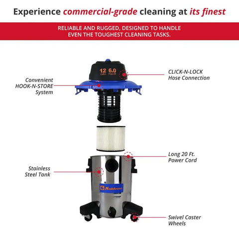 Beast Mode Wet And Dry Vacuum Cleaner With 12 Gallon Stainless Steel Tank 6 Peak HP Motor Lightweight And Ultra Portable Built In Blower Tackles Dry And Wet Messes Includes Accessories Blue