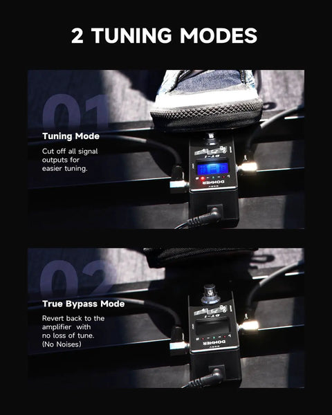 Chromatic Guitar Tuner Pedal DT1 With Pitch Indicator For Electric Guitar And Bass showing tuning and true bypass modes