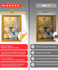 Wireless 26 Inch Picture Light With Rechargeable 8000mAh Battery Remote Control Dimmable Brightness And Timer Off 3 Lighting Modes Full Metal Gold Finish Art Display Light For Paintings And Photos 70 LEDs 1 Pack For Home Studio And Gallery Use shown illuminating artwork compared to other models