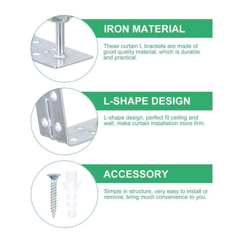 Iron material and L-shape design details of Eight Pack Iron L Shaped Curtain Brackets With Wingnuts Adjustable Wall Mounts