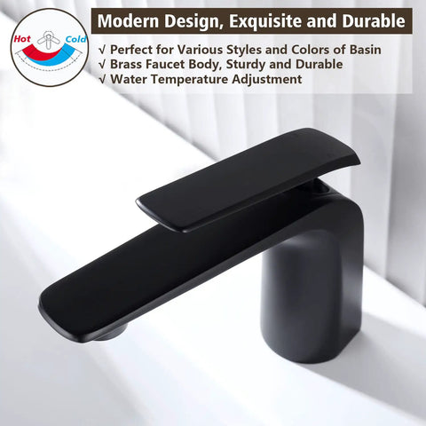 Matte Black Bathroom Sink Faucet With Single Handle, Deck Mount 1 Hole, Brass Body, Ceramic Disc Valve, Aerated Non-Splashing Stream