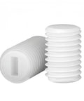 White Nylon Slotted Set Screws M4 X 8 mm Non Conductive Plastic Grub Fasteners For Electronics And Machinery with ribbed design.