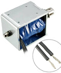 DC 12V 60N Push Pull Open Frame Solenoid Electromagnet With 10mm Stroke For Smooth Linear Motion, Spring Return, Low Power Draw, Low Heat, Beefy Rock Solid Actuator For Automation Doors Latching And Robotic Projects. Open-frame metal solenoid with two wires
