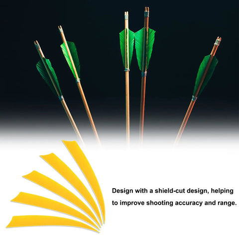 4 Inch Turkey Feather Arrow Vanes Left Wing Fletching 25 Pack Yellow For DIY Archery Arrows Target Practice And Hunting displayed